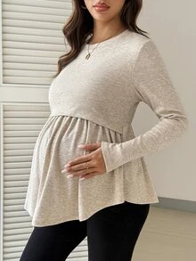 SHEIN Maternity Solid Color Round Neck Long Sleeve Ruched Minimalist Casual Baggy Nursing Top Fall Home Breastfeeding Grey - Apricot - View 5