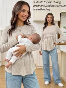 SHEIN Maternity Solid Color Round Neck Long Sleeve Ruched Minimalist Casual Baggy Nursing Top Fall Home Breastfeeding Grey - Apricot - View 1