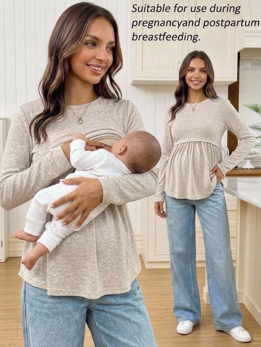 SHEIN Maternity Solid Color Round Neck Long Sleeve Ruched Minimalist Casual Baggy Nursing Top Fall Home Breastfeeding Grey - Apricot - View 1
