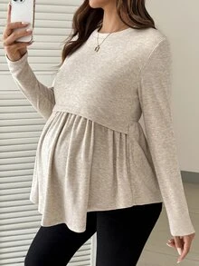 SHEIN Maternity Solid Color Round Neck Long Sleeve Ruched Minimalist Casual Baggy Nursing Top Fall Home Breastfeeding Grey - Apricot - View 8