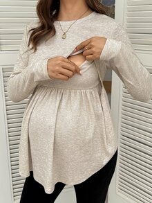 SHEIN Maternity Solid Color Round Neck Long Sleeve Ruched Minimalist Casual Baggy Nursing Top Fall Home Breastfeeding Grey - Apricot - View 2