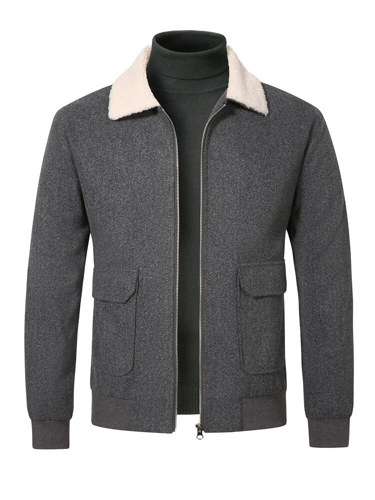 Manfinity CasualCool Men's Mature Style Dark Gray Fur Collar Autumn/Winter Vibe Wool Coat, Large Pocket Zipper Casual Daily Classic Wool - Light Grey - View 5