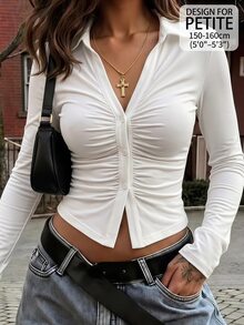 SHEIN PETITE Petite Women's White Slim-Fit Knit Top With Ruched Collar And Button Detail - White - View 1