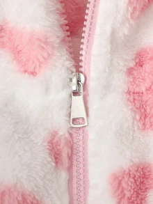SHEIN Genkimix Kids Áo khoác hoodie kéo khóa cho bé gái, phong cách thường ngày đa năng, ngọt ngào dễ thương, họa tiết trái tim, lông xù dày dặn, ôm eo, vừa vặn, phù hợp mặc hàng ngày đi học mùa thu đông - Hồng - Xem 4