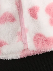 SHEIN Genkimix Kids Áo khoác hoodie kéo khóa cho bé gái, phong cách thường ngày đa năng, ngọt ngào dễ thương, họa tiết trái tim, lông xù dày dặn, ôm eo, vừa vặn, phù hợp mặc hàng ngày đi học mùa thu đông - Hồng - Xem 3
