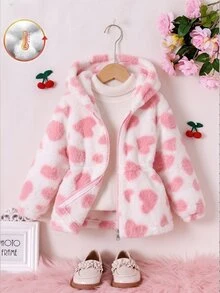 SHEIN Genkimix Kids Áo khoác hoodie kéo khóa cho bé gái, phong cách thường ngày đa năng, ngọt ngào dễ thương, họa tiết trái tim, lông xù dày dặn, ôm eo, vừa vặn, phù hợp mặc hàng ngày đi học mùa thu đông - Hồng - Xem 7