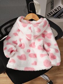 SHEIN Genkimix Kids Áo khoác hoodie kéo khóa cho bé gái, phong cách thường ngày đa năng, ngọt ngào dễ thương, họa tiết trái tim, lông xù dày dặn, ôm eo, vừa vặn, phù hợp mặc hàng ngày đi học mùa thu đông - Hồng - Xem 2