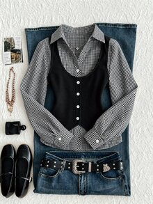 Elamini Women's Shirt - 2 In 1 - Patchwork - Check Pattern-Retro Y2K Style-Suitable For Office Commuting, Casual Wear, Festival Outfits, And Outings. - Black - View 8