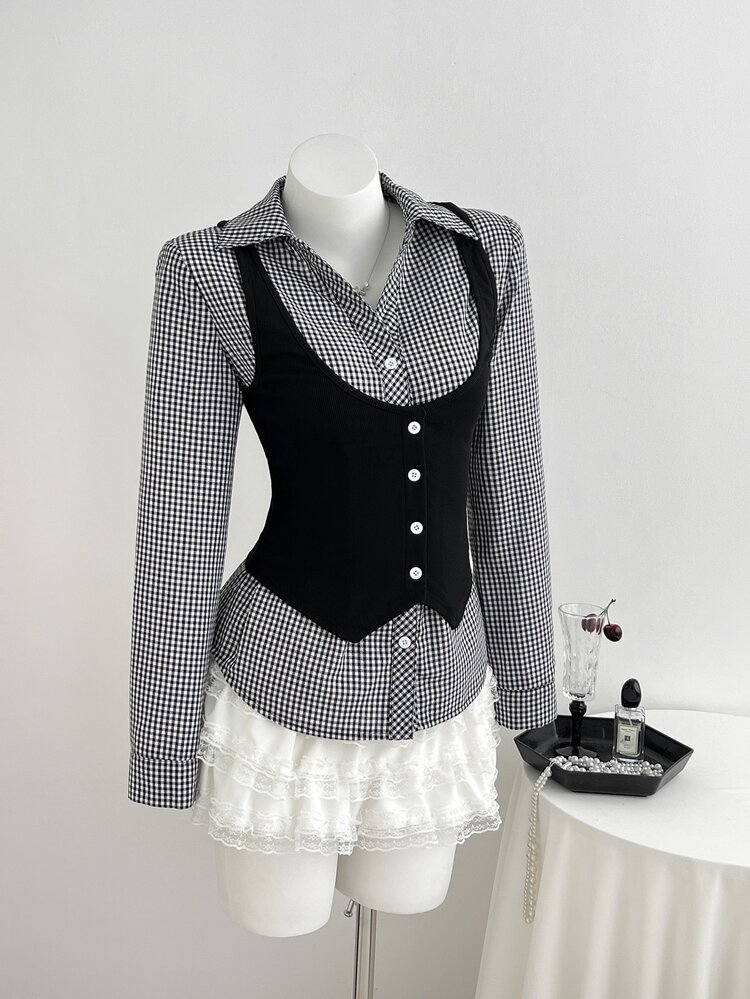 Elamini Women's Shirt - 2 In 1 - Patchwork - Check Pattern-Retro Y2K Style-Suitable For Office Commuting, Casual Wear, Festival Outfits, And Outings. - Black - View 5