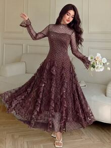 Modelyn French Style Romantic Elegant Semi-High Neck Ruffle Mesh Dress For Women Bar Party Dinner Polka Dot Brown Autumn - Coffee Brown - View 8