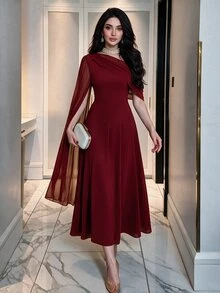 Modelyn 女款斜肩素色長款休閒洋裝，日常穿著長版女裝長洋裝 - 酒紅色 - 查看 7