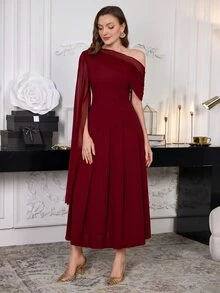 Modelyn 女款斜肩素色長款休閒洋裝，日常穿著長版女裝長洋裝 - 酒紅色 - 查看 12