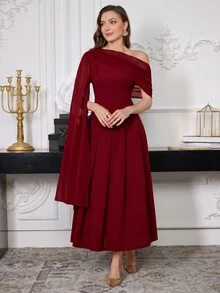 Modelyn 女款斜肩素色長款休閒洋裝，日常穿著長版女裝長洋裝 - 酒紅色 - 查看 9
