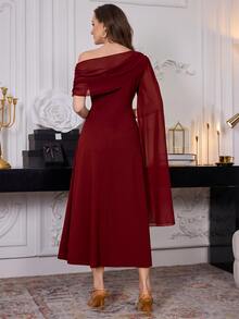 Modelyn 女款斜肩素色長款休閒洋裝，日常穿著長版女裝長洋裝 - 酒紅色 - 查看 3