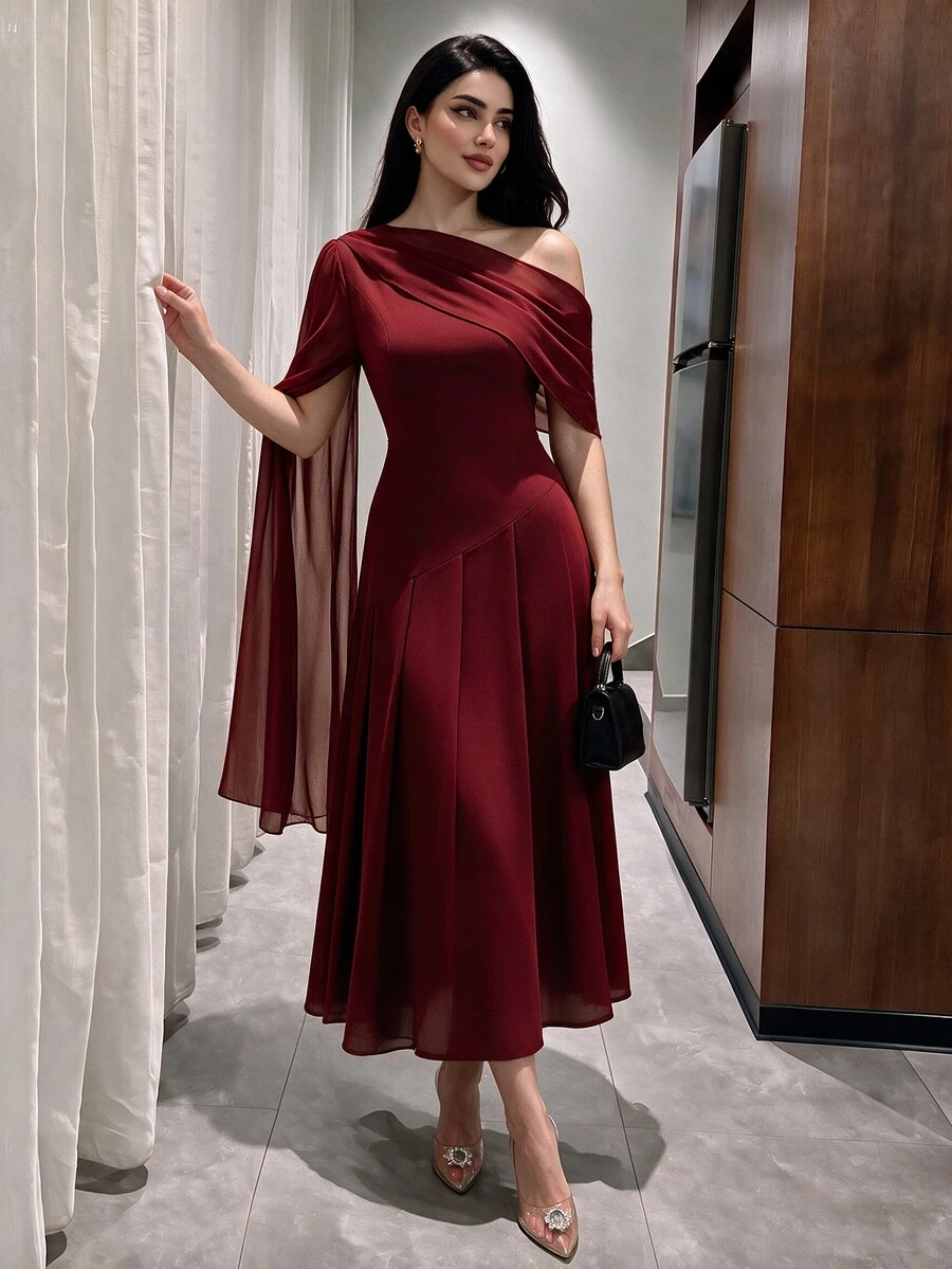 Modelyn 女款斜肩素色長款休閒洋裝，日常穿著長版女裝長洋裝