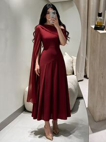 Modelyn 女款斜肩素色長款休閒洋裝，日常穿著長版女裝長洋裝 - 酒紅色 - 查看 4