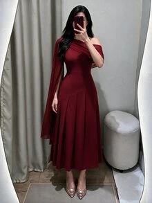 Modelyn 女款斜肩素色長款休閒洋裝，日常穿著長版女裝長洋裝 - 酒紅色 - 查看 6