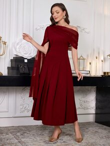 Modelyn 女款斜肩素色長款休閒洋裝，日常穿著長版女裝長洋裝 - 酒紅色 - 查看 10