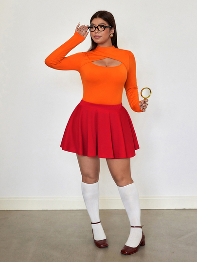 GalTyme Plus Size Cutout Sexy Long Sleeve Top And Pleated Skirt Set Halloween Costume Velma Character Cosplay Outfit Sexy Night Orange Red Summer