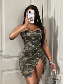 BamGleam Women's Outdoor Street Style Elastic Camo Distressed Raw Hem Spaghetti Strap Bandeau Military Green Denim Overalls - Army Green - View 1