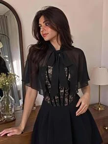 SHEIN MOD 2pcs Lace Bandeau Top And Chiffon Cape Set, Fall Clothes ,Fairy Top, Halloween Costume,Christmas,Party , Going Out Tops ,Concert Outfit - Black - View 1