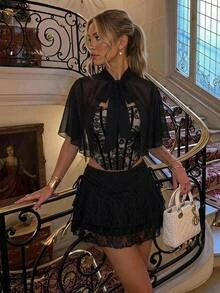 SHEIN MOD 2pcs Lace Bandeau Top And Chiffon Cape Set, Fall Clothes ,Fairy Top, Halloween Costume,Christmas,Party , Going Out Tops ,Concert Outfit - Black - View 2