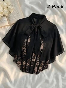 SHEIN MOD 2pcs Lace Bandeau Top And Chiffon Cape Set, Fall Clothes ,Fairy Top, Halloween Costume,Christmas,Party , Going Out Tops ,Concert Outfit - Black - View 9