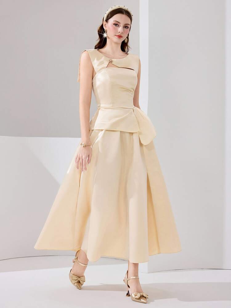 Poshira Women's Elegant Solid Color Round Neck Cutout Ruffle Evening Dress,Heavy-Duty Design Bandage Waist Wedding Ball Gown,Plus Size Formal Birthday Dresses - Champagne - View 6