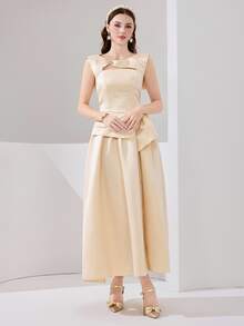 Poshira 女士纯色圆领镂空荷叶边优雅晚礼服（厚实设计）女士连衣裙 生日女士 女士休闲连衣裙 女装 女士加大码服装 正式场合，束腰连衣裙，婚纱舞会礼服 - 香檳色 - 查看 5