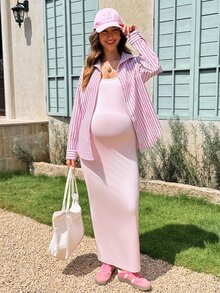 Lyckli Maternity Solid Color Spaghetti Strap Dress Pink Single-Breasted Long Sleeve Shirt 2 Pieces Set Autumn Photoshoot Formal Casual Celestial - Pink - View 6
