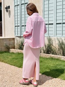 Lyckli Maternity Solid Color Spaghetti Strap Dress Pink Single-Breasted Long Sleeve Shirt 2 Pieces Set Autumn Photoshoot Formal Casual Celestial - Pink - View 8