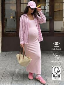 Lyckli Maternity Solid Color Spaghetti Strap Dress Pink Single-Breasted Long Sleeve Shirt 2 Pieces Set Autumn Photoshoot Formal Casual Celestial - Pink - View 4
