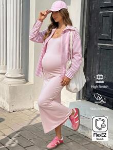 Lyckli Maternity Solid Color Spaghetti Strap Dress Pink Single-Breasted Long Sleeve Shirt 2 Pieces Set Autumn Photoshoot Formal Casual Celestial - Pink - View 2