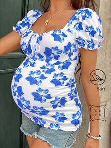 Lyckli Maternity Elegant Floral Print Twist Neck Short Sleeve T-Shirt, Summer Babyshower Gender Reveal White - Blue - View 9