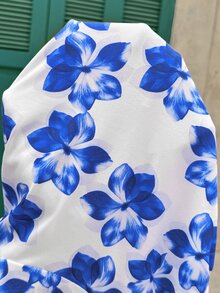 Lyckli Maternity Elegant Floral Print Twist Neck Short Sleeve T-Shirt, Summer Babyshower Gender Reveal White - Blue - View 5
