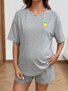 Lyckli Maternity Summer Casual Lemon Embroidery T-Shirt And Shorts 2 Pieces Set Gender Reveal Pregnancy - Grey - View 9