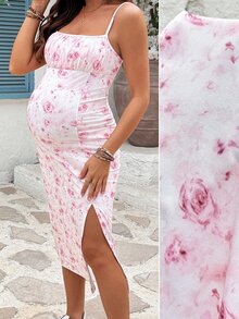 Lyckli Pink Floral Print Sundress With Slit, Perfect For A Relaxing Summer Vacation. Ideal For Expectant Mothers Attending A Baby Shower Maternity Photoshoot - Pink - View 8