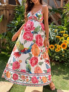 Lyckli Pregnant Women's Floral Print Elegant Sleeveless Dress,White Summer Boho Beach Holiday Vacation Bohemian Resort Maxi Garden Long Parrot Patterned - Multicolor - View 6