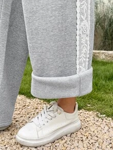 Lyckli Maternity Side Contrast Lace Drawstring Waist Pocket Wide Leg Casual Long Pants Winter - Grey - View 8
