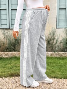 Lyckli Maternity Side Contrast Lace Drawstring Waist Pocket Wide Leg Casual Long Pants Winter - Grey - View 7
