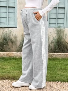 Lyckli Maternity Side Contrast Lace Drawstring Waist Pocket Wide Leg Casual Long Pants Winter - Grey - View 9
