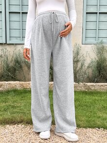 Lyckli Maternity Side Contrast Lace Drawstring Waist Pocket Wide Leg Casual Long Pants Winter - Grey - View 11