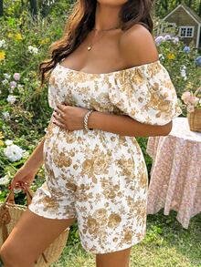 Lyckli Maternity Casual Floral Print Square Neck Puff Sleeve Jumpsuit Babyshower Civil Wedding White Summer - Yellow - View 6