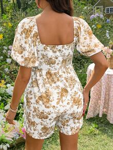 Lyckli Maternity Casual Floral Print Square Neck Puff Sleeve Jumpsuit Babyshower Civil Wedding White Summer - Yellow - View 3
