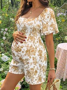 Lyckli Maternity Casual Floral Print Square Neck Puff Sleeve Jumpsuit Babyshower Civil Wedding White Summer - Yellow - View 2