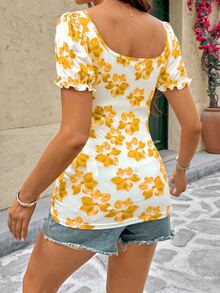 Lyckli Maternity Floral Print Tie Front Fashion T-Shirt - Yellow - View 3