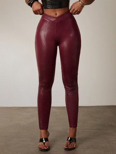 SHEIN BAE Burgundy High-Waisted Faux Leather Skinny Trousers-Perfect For Autumn And Winter Parties. These Sexy, Stylish Pants Are Ideal For Nightclubs