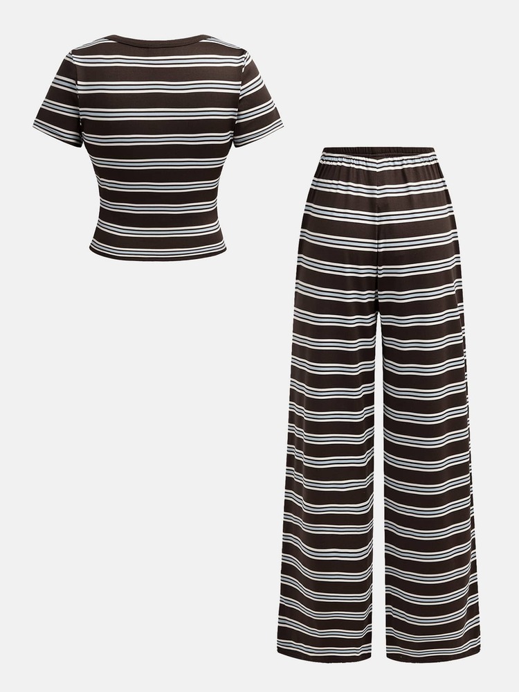 Girlism Tween Girls Shades Of Brown Vintage Striped Knit Round Neck Short Sleeve T-Shirt And Long Pants Co-Ord Set,Summer Casual Family Matching Leisure Wear - Brown - View 2