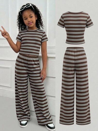 Girlism Tween Girls Shades Of Brown Vintage Striped Knit Round Neck Short Sleeve T-Shirt And Long Pants Co-Ord Set,Summer Casual Family Matching Leisure Wear