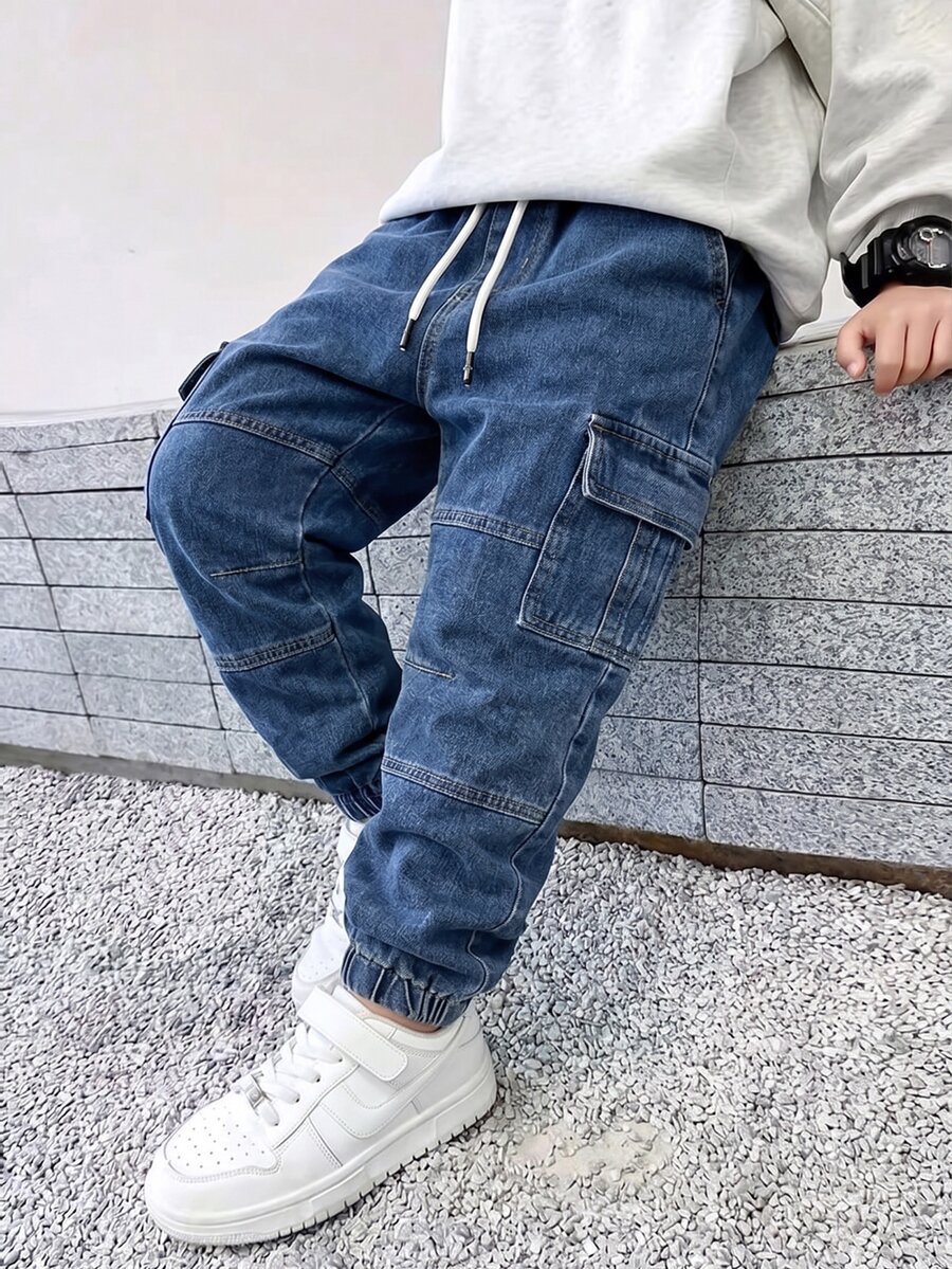 SHEIN 青少年男童复古休闲街头风多口袋宽松舒适全弹力腰带抽绳裤脚牛仔工装裤，适合学校、校园、学院风秋冬穿着